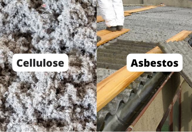 The image shows a side-by-side comparison of cellulose insulation (left) - appearing as loose, fluffy gray-white material - and asbestos roofing materials (right) with corrugated sheets being handled by a worker in protective gear.